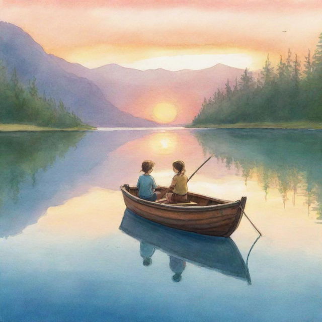 A tranquil, easy-to-sketch cartoon illustration for a children's book capturing Finn and Fiona on their boat in the middle of a serene lake, basking in the glow of a splendid sunset.