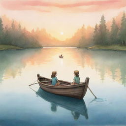 A tranquil, easy-to-sketch cartoon illustration for a children's book capturing Finn and Fiona on their boat in the middle of a serene lake, basking in the glow of a splendid sunset.