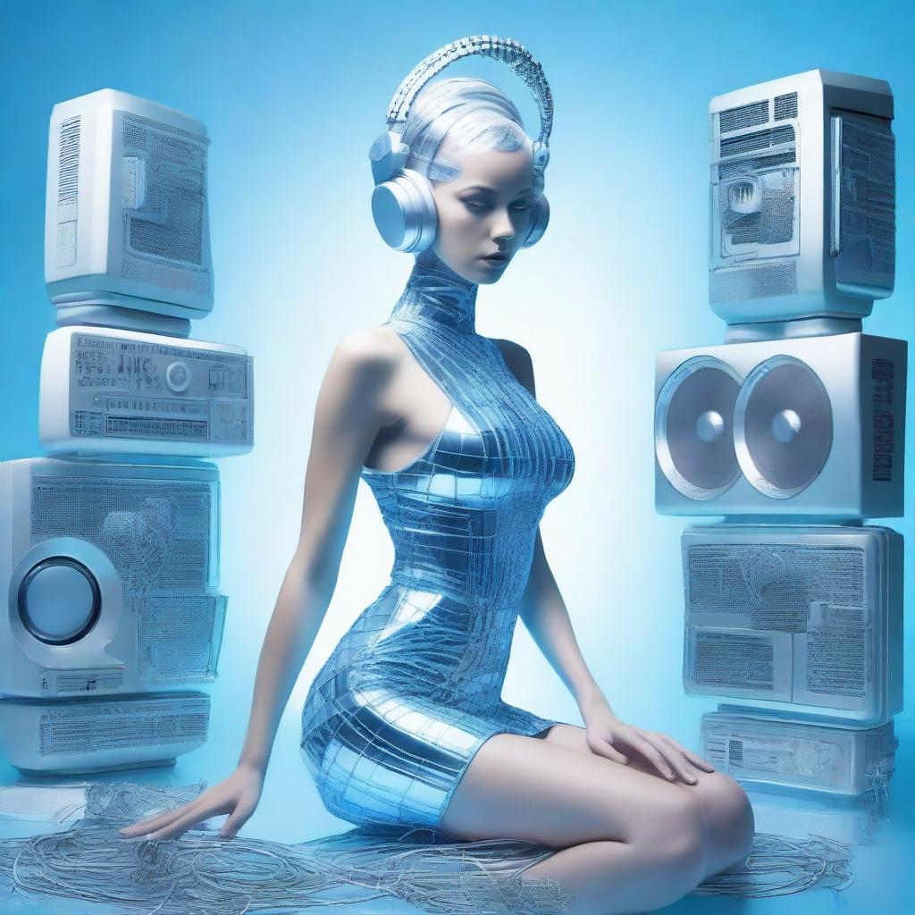 A sexy woman in an ice blue and metallic erotic dress, assembled from plastic pieces