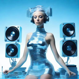 A sexy woman in an ice blue and metallic erotic dress, assembled from plastic pieces