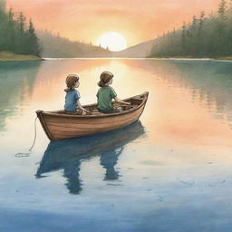 A tranquil, easy-to-sketch cartoon illustration for a children's book capturing Finn and Fiona on their boat in the middle of a serene lake, basking in the glow of a splendid sunset.