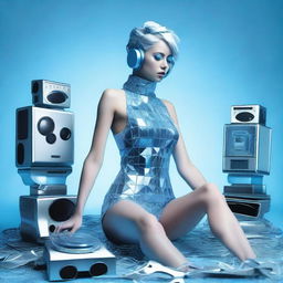 A sexy woman in an ice blue and metallic erotic dress, assembled from plastic pieces