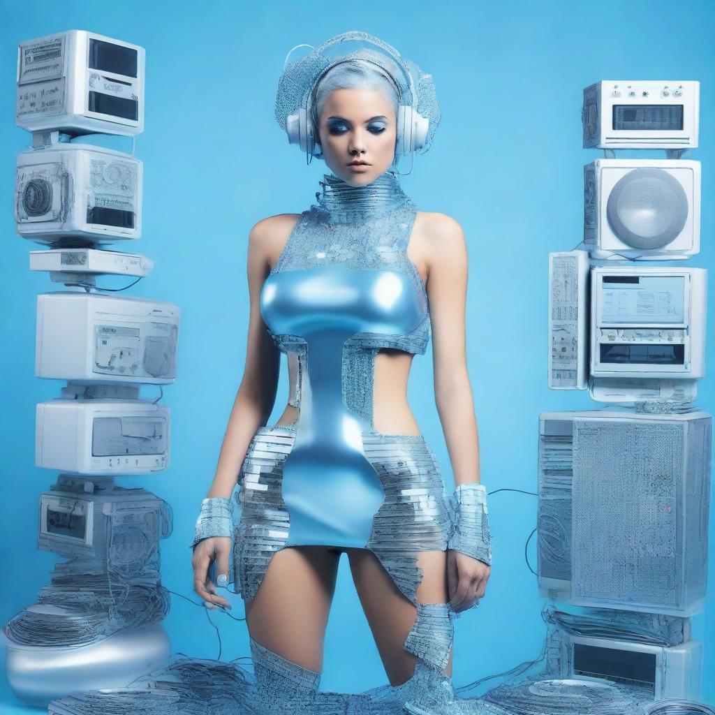 A sexy woman in an ice blue and metallic erotic dress, assembled from plastic pieces