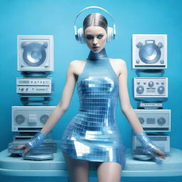 A sexy woman in an ice blue and metallic erotic dress, assembled from plastic pieces