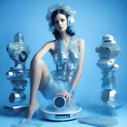 A sexy woman in an ice blue and metallic erotic dress, assembled from plastic pieces