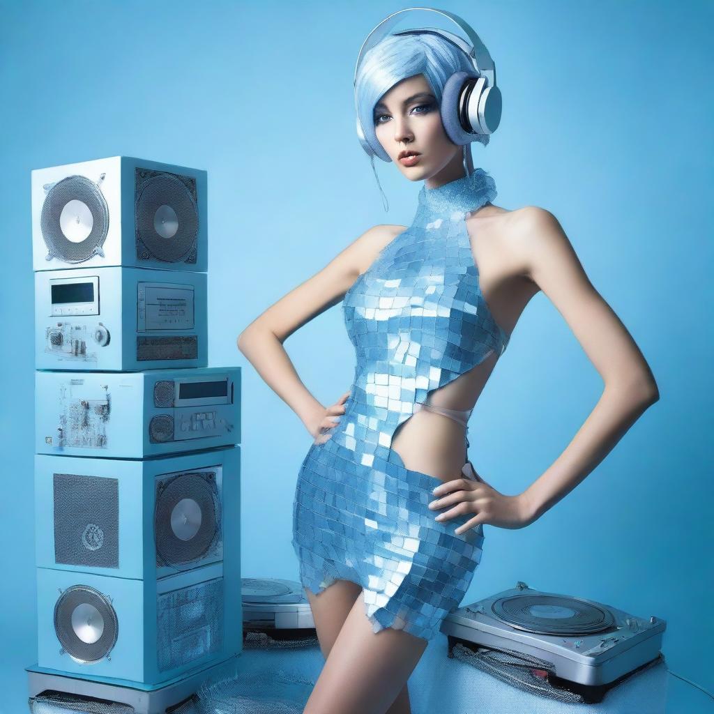 A sexy woman in an ice blue and metallic erotic dress, assembled from plastic pieces