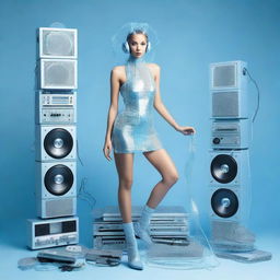 A sexy woman in an ice blue and metallic erotic dress, assembled from plastic pieces