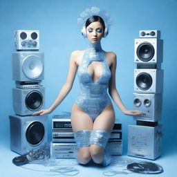 A sexy woman in an ice blue and metallic erotic dress, assembled from plastic pieces