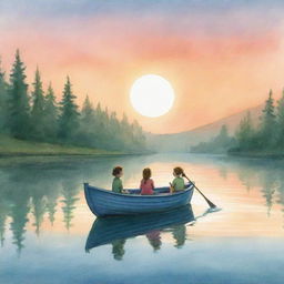 A tranquil, easy-to-sketch cartoon illustration for a children's book capturing Finn and Fiona on their boat in the middle of a serene lake, basking in the glow of a splendid sunset.