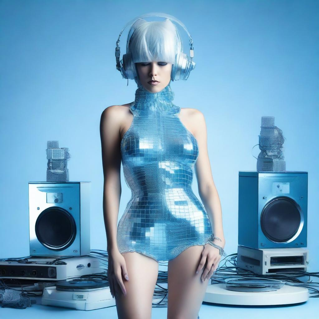 A sexy woman in an ice blue and metallic erotic dress, assembled from plastic pieces