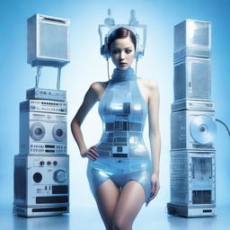 A sexy woman in an ice blue and metallic erotic dress, assembled from plastic pieces