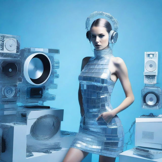 A sexy woman in an ice blue and metallic erotic dress, assembled from plastic pieces