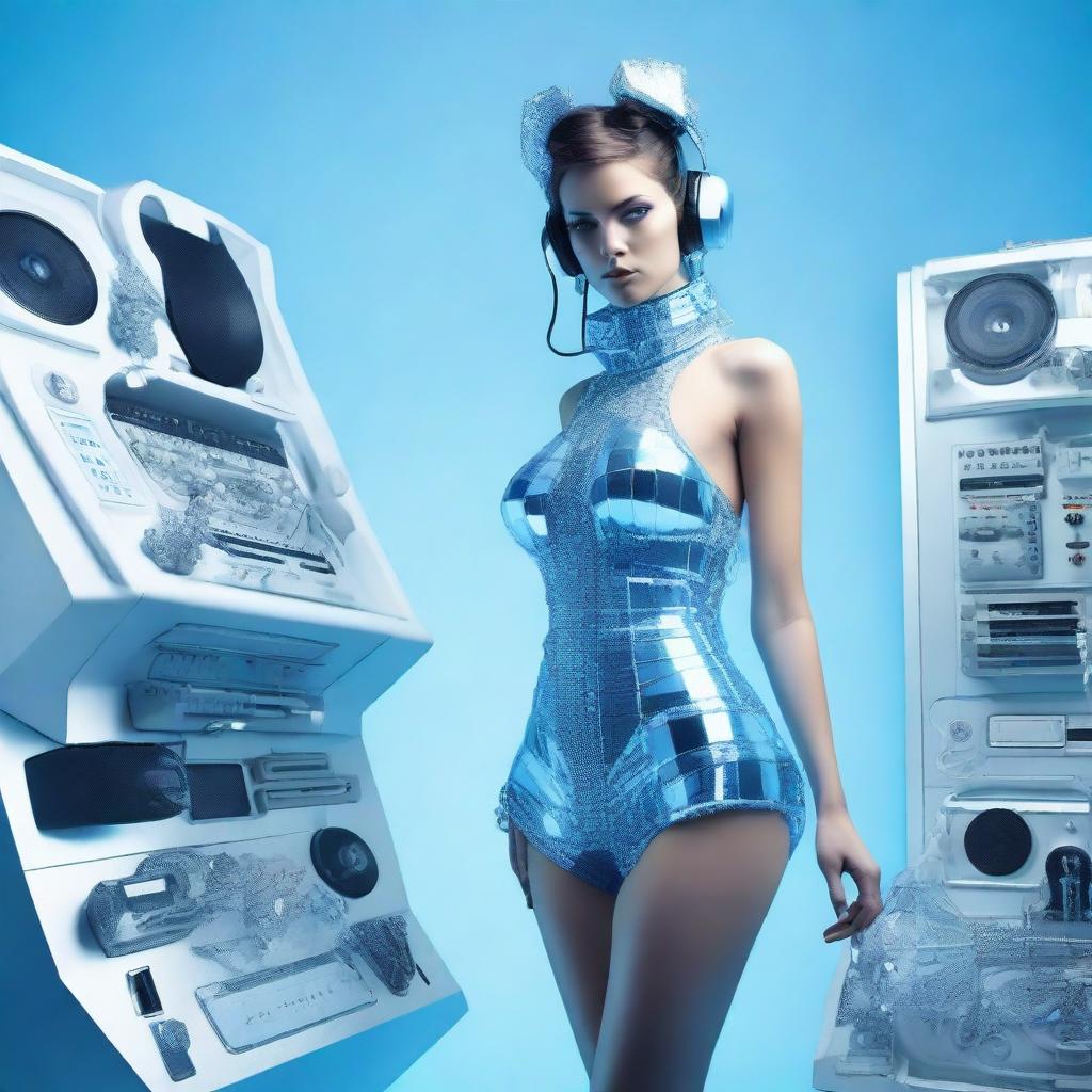 A sexy woman in an ice blue and metallic erotic dress, assembled from plastic pieces