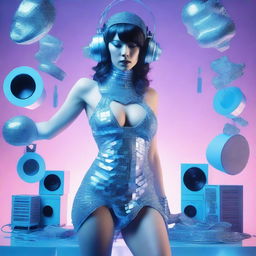 A sexy woman in an ice blue and metallic erotic dress, assembled from plastic pieces