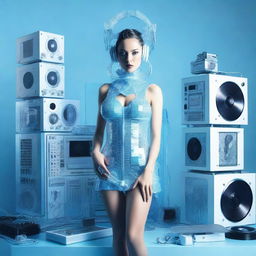 A sexy woman in an ice blue and metallic erotic dress, assembled from plastic pieces