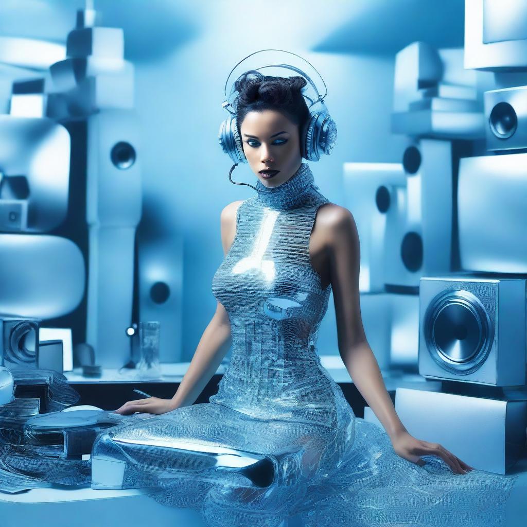 A sexy woman in an ice blue and metallic erotic dress, assembled from plastic pieces