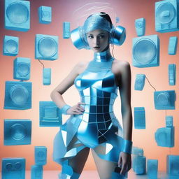 A sexy woman in an ice blue and metallic erotic dress, assembled from plastic pieces