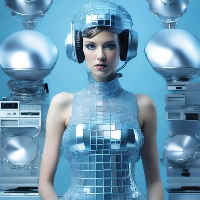 A sexy woman in an ice blue and metallic erotic dress, assembled from plastic pieces