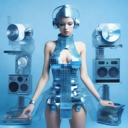 A sexy woman in an ice blue and metallic erotic dress, assembled from plastic pieces