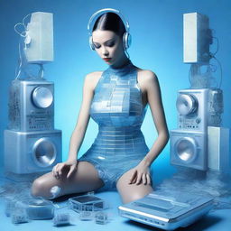 A sexy woman in an ice blue and metallic erotic dress, assembled from plastic pieces