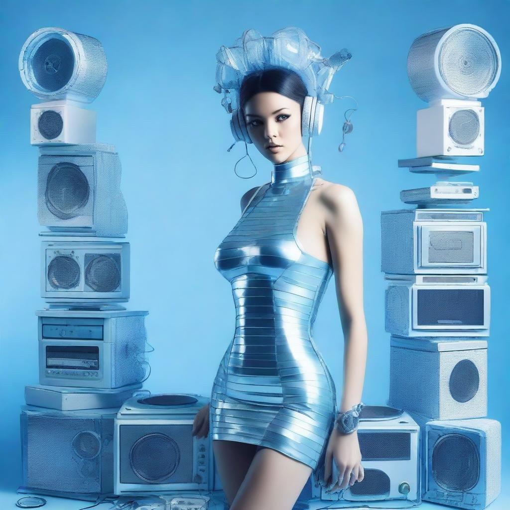 A sexy woman in an ice blue and metallic erotic dress, assembled from plastic pieces