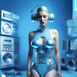 A sexy woman in an ice blue and metallic erotic dress, assembled from plastic pieces