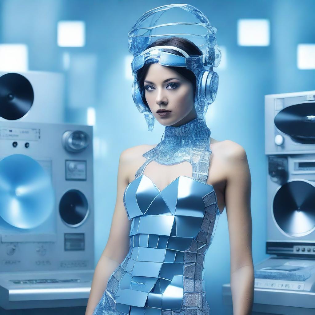 A sexy woman in an ice blue and metallic erotic dress, assembled from plastic pieces