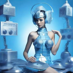 A sexy woman in an ice blue and metallic erotic dress, assembled from plastic pieces