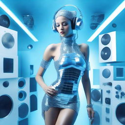 A sexy woman in an ice blue and metallic erotic dress, assembled from plastic pieces