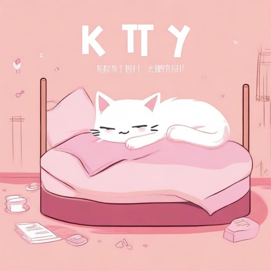 A human-cat hybrid boy, with cat ears and a tail, lies on a pink bed