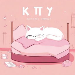 A human-cat hybrid boy, with cat ears and a tail, lies on a pink bed