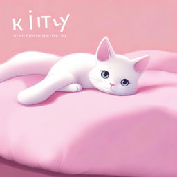 A human-cat hybrid boy, with cat ears and a tail, lies on a pink bed