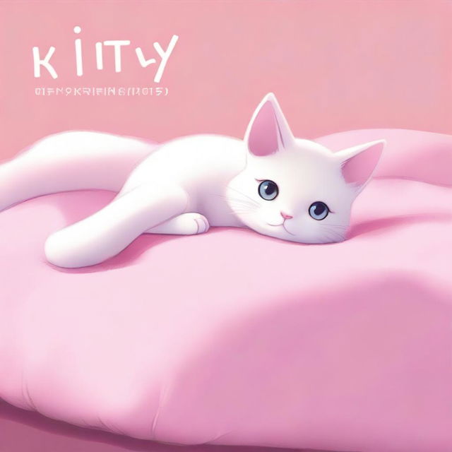 A human-cat hybrid boy, with cat ears and a tail, lies on a pink bed