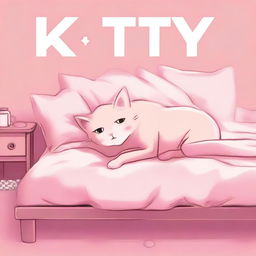 A human-cat hybrid boy, with cat ears and a tail, lies on a pink bed