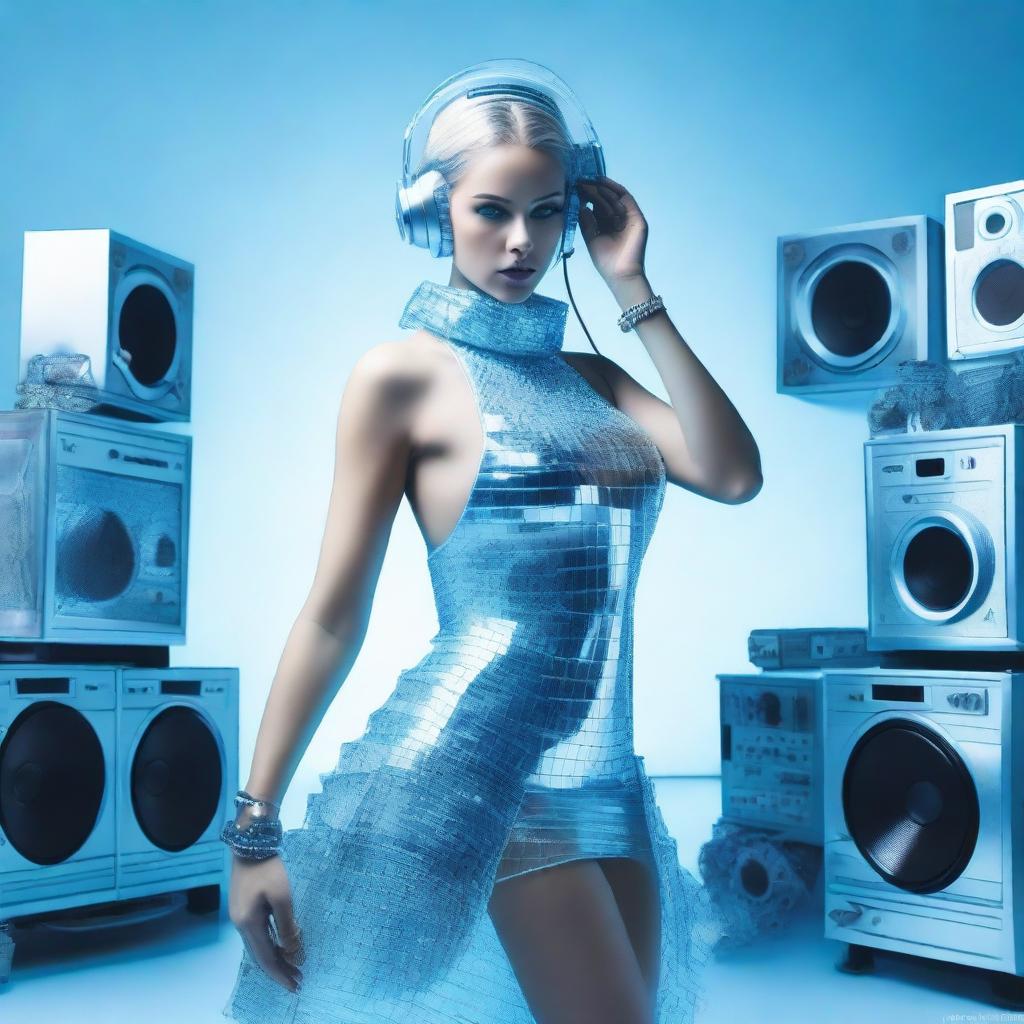 A sexy woman in an ice blue and metallic erotic dress, assembled from plastic pieces