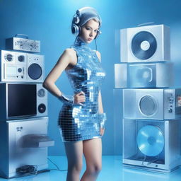 A sexy woman in an ice blue and metallic erotic dress, assembled from plastic pieces