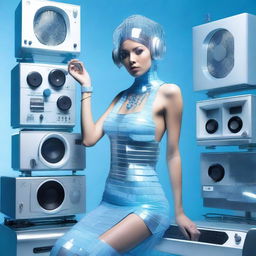 A sexy woman in an ice blue and metallic erotic dress, assembled from plastic pieces