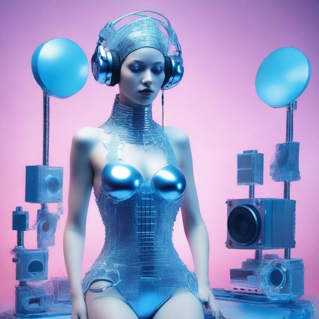 A sexy woman in an ice blue and metallic erotic dress, assembled from plastic pieces