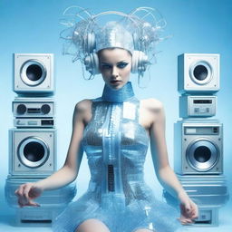 A sexy woman in an ice blue and metallic erotic dress, assembled from plastic pieces