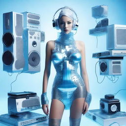 A sexy woman in an ice blue and metallic erotic dress, assembled from plastic pieces