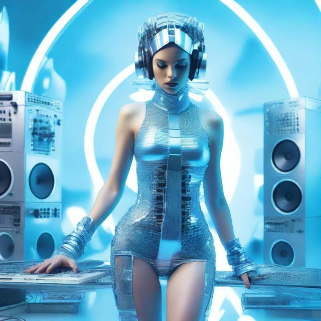 A sexy woman in an ice blue and metallic erotic dress, assembled from plastic pieces