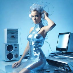 A sexy woman in an ice blue and metallic erotic dress, assembled from plastic pieces