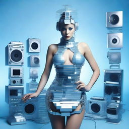 A sexy woman in an ice blue and metallic erotic dress, assembled from plastic pieces