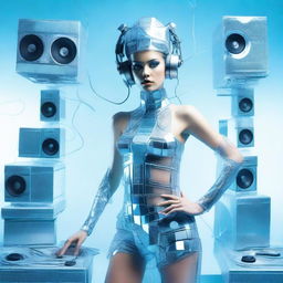 A sexy woman in an ice blue and metallic erotic dress, assembled from plastic pieces