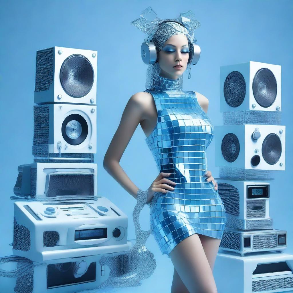 A sexy woman in an ice blue and metallic erotic dress, assembled from plastic pieces