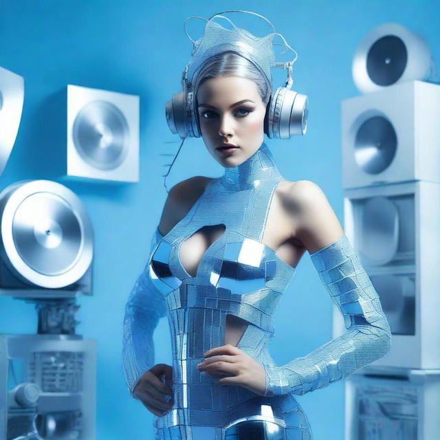 A sexy woman in an ice blue and metallic erotic dress, assembled from plastic pieces