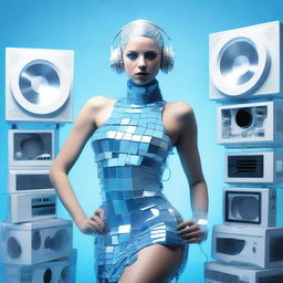 A sexy woman in an ice blue and metallic erotic dress, assembled from plastic pieces