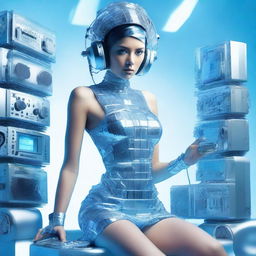 A sexy woman in an ice blue and metallic erotic dress, assembled from plastic pieces