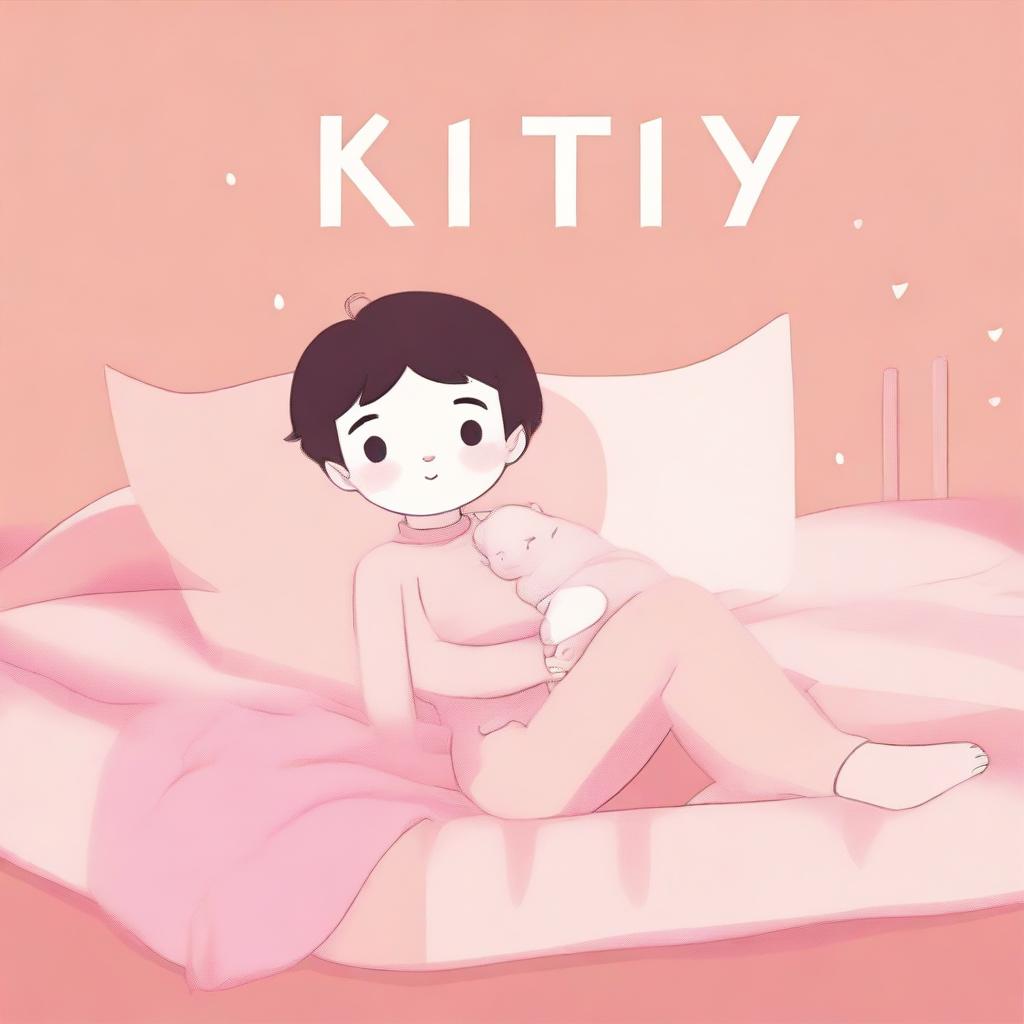 A human hybrid boy with long tails and ears laying on a pink bed