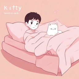 A human hybrid boy with long tails and ears laying on a pink bed